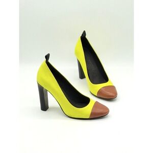 SEE BY CHLOE Summer Cap Toe Pumps Women 36 Neon Yellow Block Heel Leather